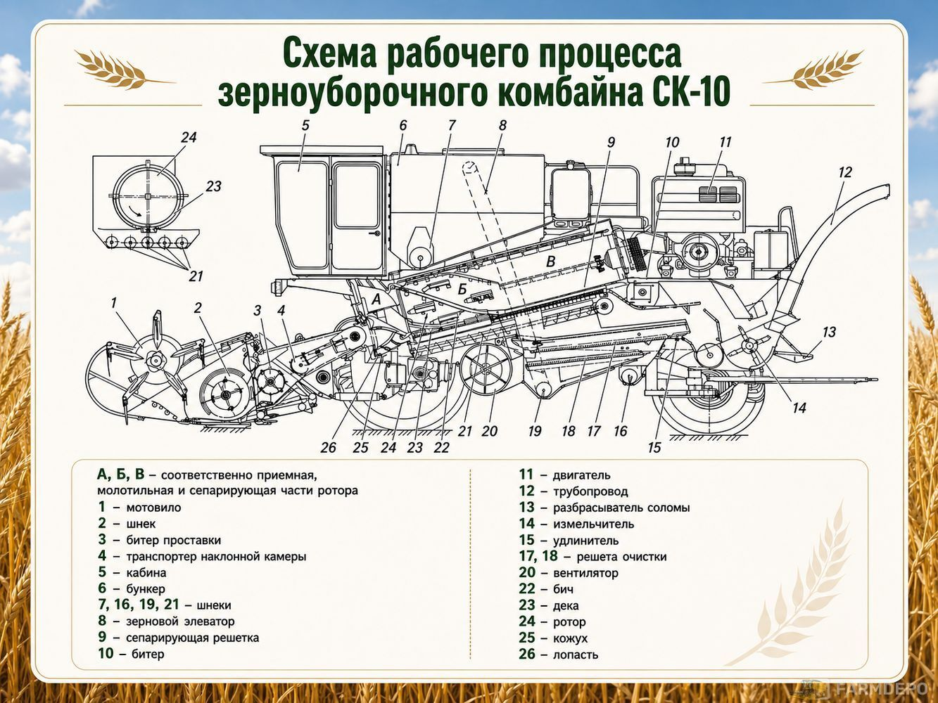 Общее устройство комбайна СК-10 «Ротор»